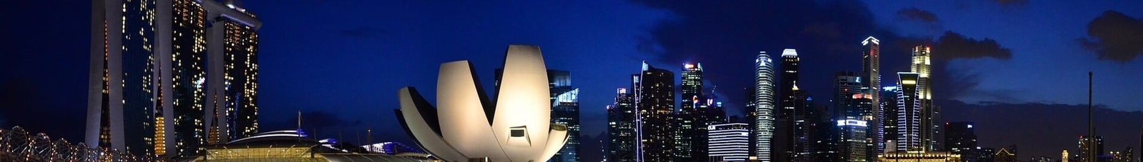 Singapour : Marina Bay de nuit avec gratte-ciels illuminés.