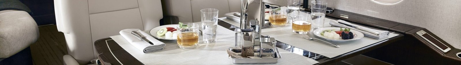 emplacement de jet privé. Intérieur luxueux avec table dressée.