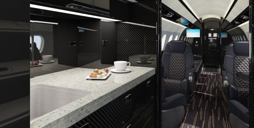 location de jet privé: kitchenette et sièges luxueux