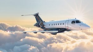 Jet privé Embraer Praetor 600 en vol au-dessus des nuages