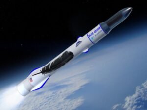 Location jet privé : fusée Blue Origin dans l'espace.