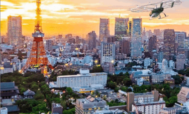 Vue aérienne GCD Logistique Aviation Volocopter, coucher du soleil urbain.