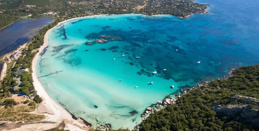 Aerial view of Santa Giulia beach in Corsica Island France